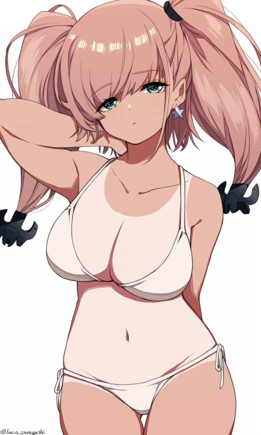 1girl anchor_hair_ornament arm_behind_head atlanta_(kancolle) bikini bikini_bottom bikini_top breasts brown_hair commentary_request cowboy_shot earrings grey_eyes hair_ornament hand_on_own_neck highres jewelry kantai_collection laco_soregashi large_breasts long_hair navel one-piece_tan side-tie_bikini star_(symbol) star_earrings stomach swimsuit tan tanlines two_side_up white_background white_bikini