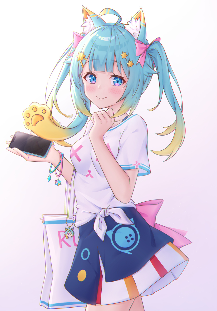 1girl ahoge animal_ear_fluff animal_ears aqua_hair bag bangle blue_eyes blue_skirt bow bracelet breasts cat_ears cellphone cowboy_shot gradient_hair hair_bow hair_ornament hairclip highres jewelry lanmewko long_hair looking_at_viewer multicolored_hair original phone pink_bow prehensile_hair shirt short_sleeves shoulder_bag skirt small_breasts smartphone smile solo twintails white_background white_shirt yue_zi