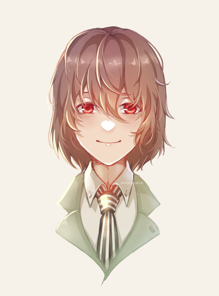 1boy akechi_gorou artist_name brown_hair buttons closed_mouth collar commentary green_shirt hair_between_eyes highres light_brown_background looking_at_viewer meowpie messy_hair necktie persona persona_5 portrait red_eyes shirt short_hair smile solo striped_necktie white_collar
