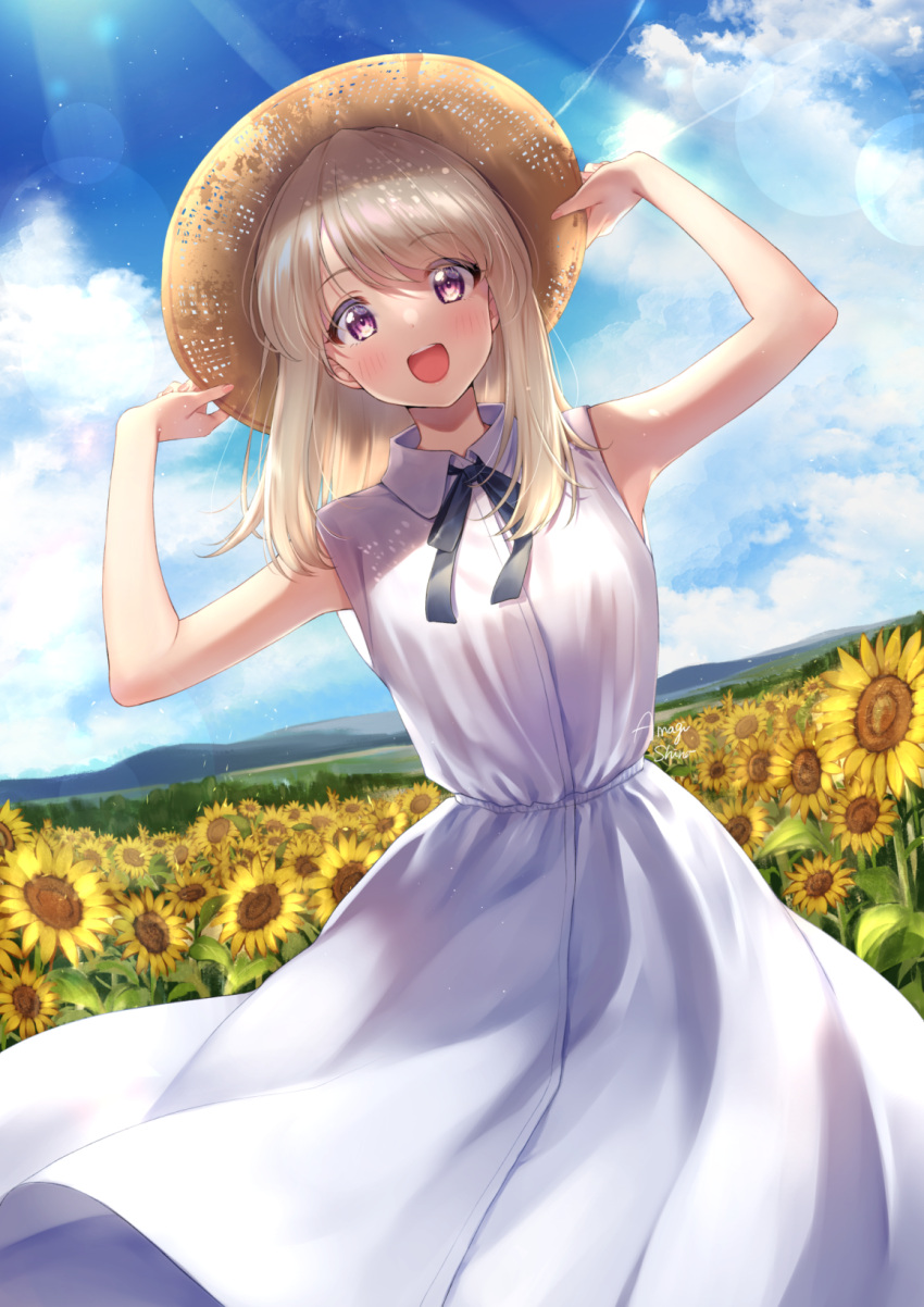 1girl :d amagi_shino bangs bare_arms blonde_hair blue_sky clouds commentary_request day dress field flower hands_on_headwear hat highres lens_flare long_hair looking_at_viewer mountain open_mouth original outdoors sidelocks sky sleeveless sleeveless_dress smile solo straw_hat sundress sunflower violet_eyes white_dress