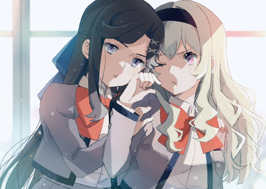 2girls :t annoyed bangs black_hairband blonde_hair blue_bow bow bowtie brown_hair collared_shirt commentary_request frown grey_jacket hair_bow hair_ornament hairband hand_on_another's_shoulder head_to_head jacket light_particles long_hair long_sleeves looking_at_another multiple_girls nijiko_(c2cs4q) one_eye_closed pink_eyes red_neckwear saijou_claudine school_uniform seishou_music_academy_uniform shirt shirt_tucked_in shoujo_kageki_revue_starlight tendou_maya upper_body violet_eyes white_shirt x_hair_ornament yuri