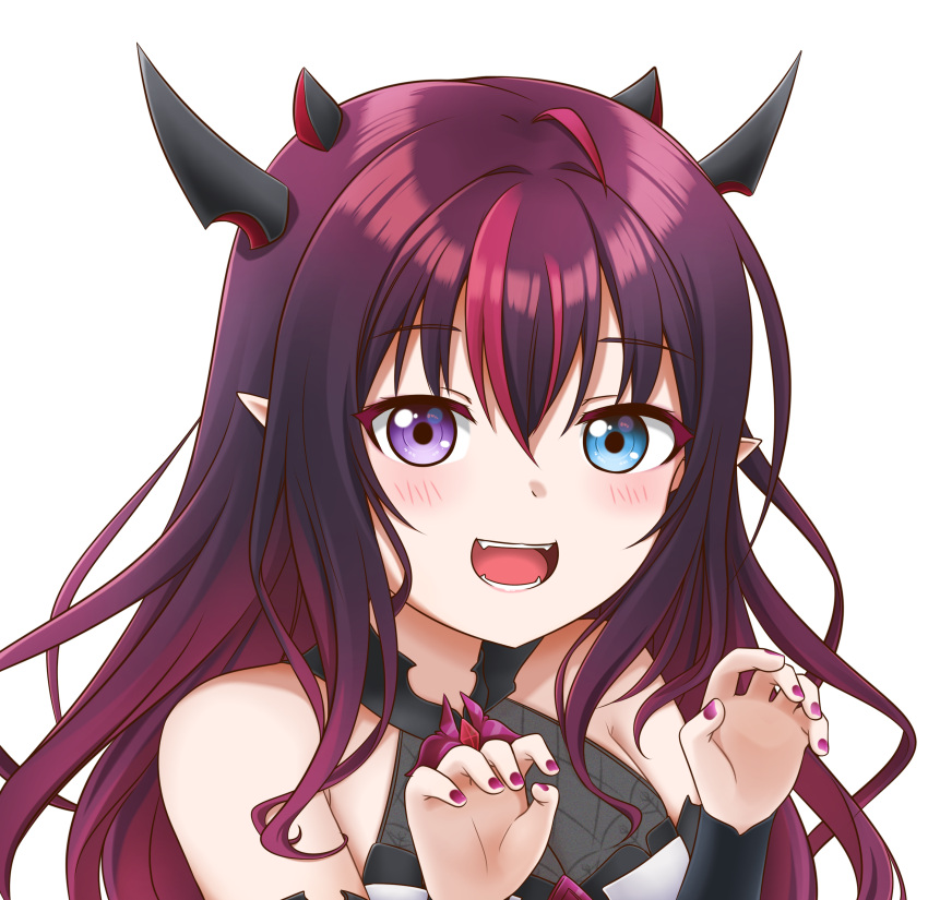 1girl :d absurdres bangs bare_shoulders blue_eyes blush claw_pose fangs fingernails hair_between_eyes heterochromia highres hololive hololive_english horns irys_(hololive) jan_azure looking_at_viewer multicolored_hair multiple_horns nail_polish open_mouth red_eyes red_nails sleeveless smile solo violet_eyes virtual_youtuber