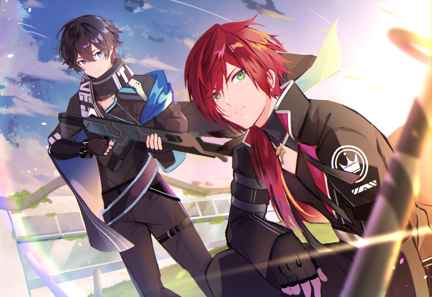 2boys absurdres axia_krone bangs black_cape black_gloves black_hair black_jacket black_pants blue_eyes cape closed_mouth commentary_request eyebrows_visible_through_hair feet_out_of_frame fingerless_gloves gloves goroo_(eneosu) green_eyes gun hair_between_eyes highres holding holding_gun holding_weapon huge_filesize jacket lauren_iroas long_hair long_sleeves looking_at_viewer male_focus multiple_boys nijisanji outdoors pants redhead smile squatting standing sunset weapon