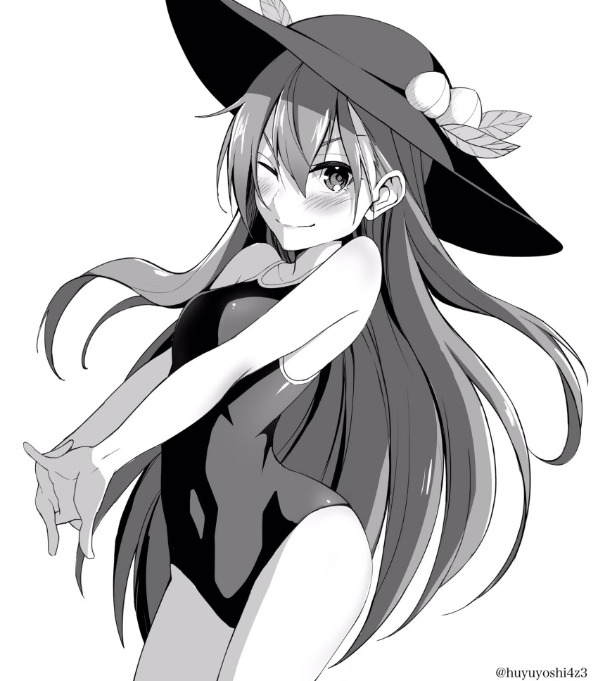 1girl ;) bangs blush breasts closed_mouth cowboy_shot eyebrows_visible_through_hair food fruit greyscale hands_together hat highres hinanawi_tenshi leaf long_hair looking_at_viewer monochrome one-piece_swimsuit one_eye_closed peach simple_background small_breasts smile solo standing swimsuit touhou twitter_username yoshinatsu