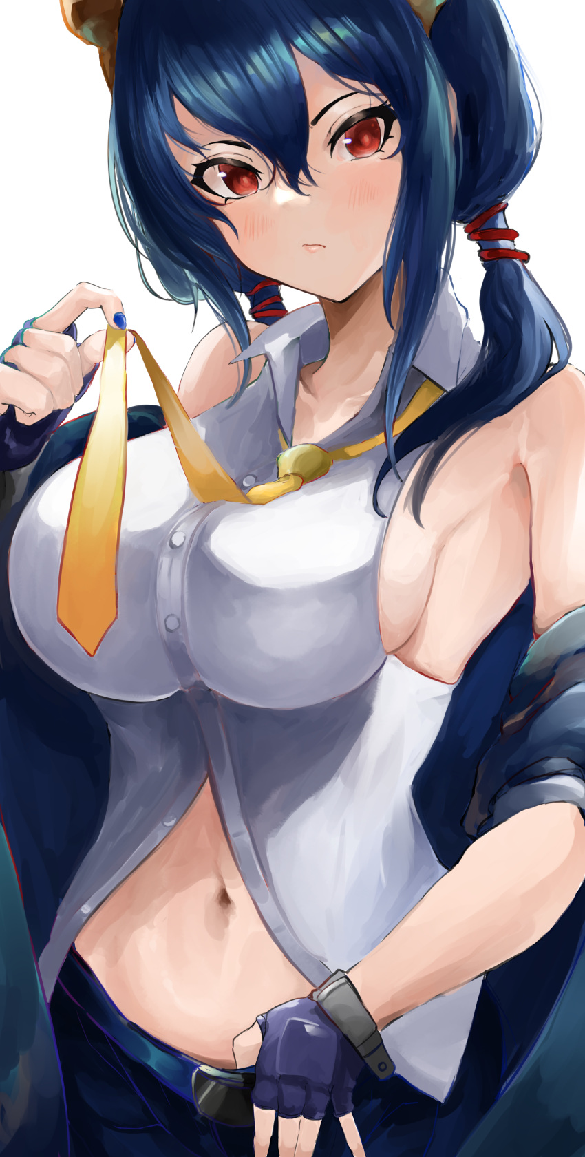 1girl absurdres arknights armpits blue_hair blue_nails breasts ch'en_(arknights) closed_mouth dragon_tail fingerless_gloves gloves hair_between_eyes highres horns kajuu looking_at_viewer midriff oni_horns open_clothes open_shirt shirt short_hair sideboob simple_background sleeveless sleeveless_shirt tail yellow_neckwear