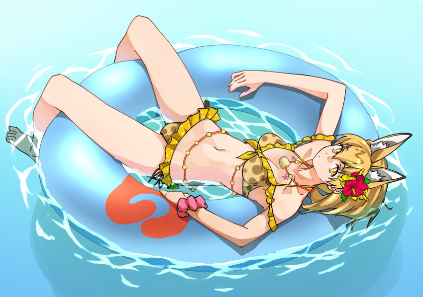 1girl alternate_costume animal_ears bare_legs barefoot bikini blonde_hair cat_ears cat_girl cat_tail commentary_request extra_ears eyebrows_visible_through_hair floating flower frilled_swimsuit frills from_above hair_flower hair_ornament highres innertube japari_symbol kemono_friends kemono_friends_festival looking_at_viewer midriff navel official_alternate_costume print_bikini scrunchie serval_(kemono_friends) serval_print shell_necklace short_hair swimsuit tail tanabe_(fueisei) water wrist_scrunchie yellow_bikini yellow_eyes