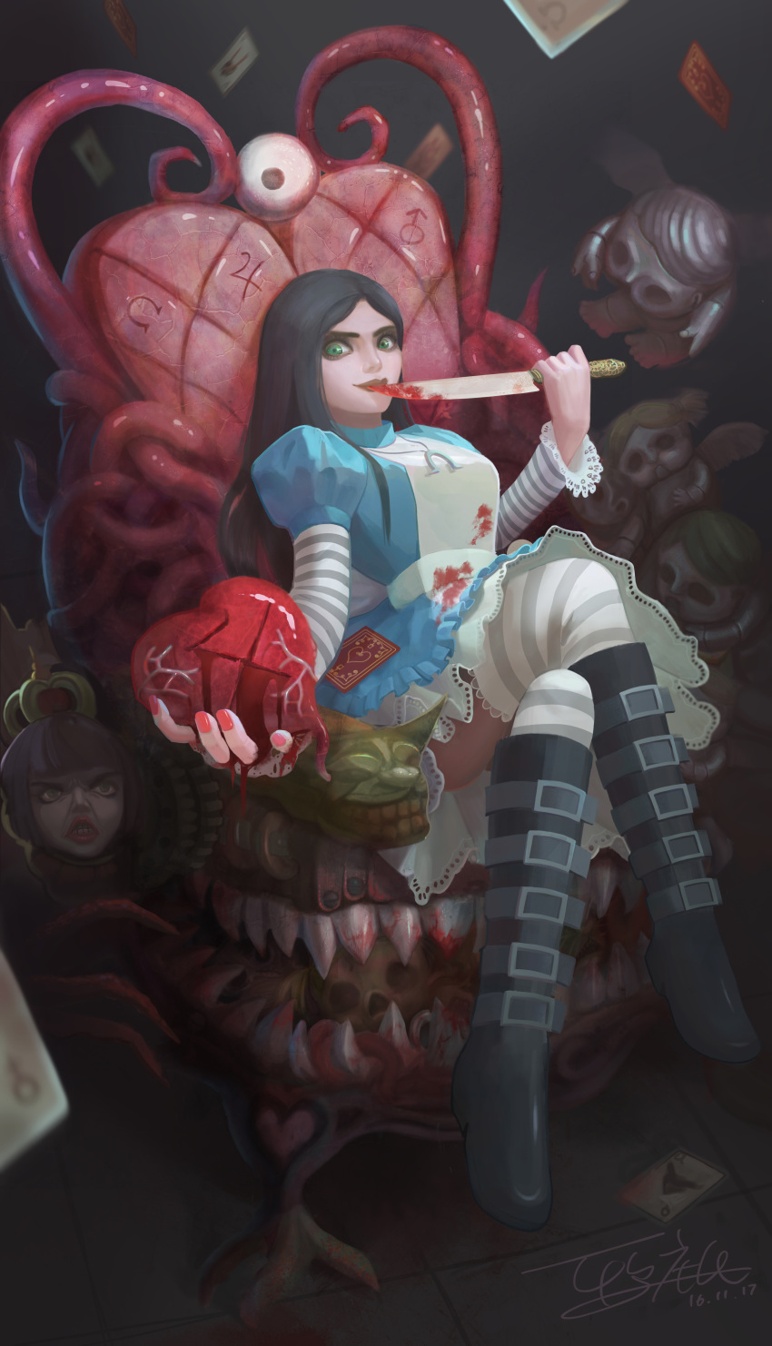 1girl absurdres alice:_madness_returns alice_(alice_in_wonderland) american_mcgee's_alice apron black_hair blood boots breasts card dress green_eyes heart highres jewelry jupiter_symbol knife long_hair looking_at_viewer nail_polish necklace orionyhy puffy_sleeves queen_of_hearts_(alice_in_wonderland) smile striped striped_legwear