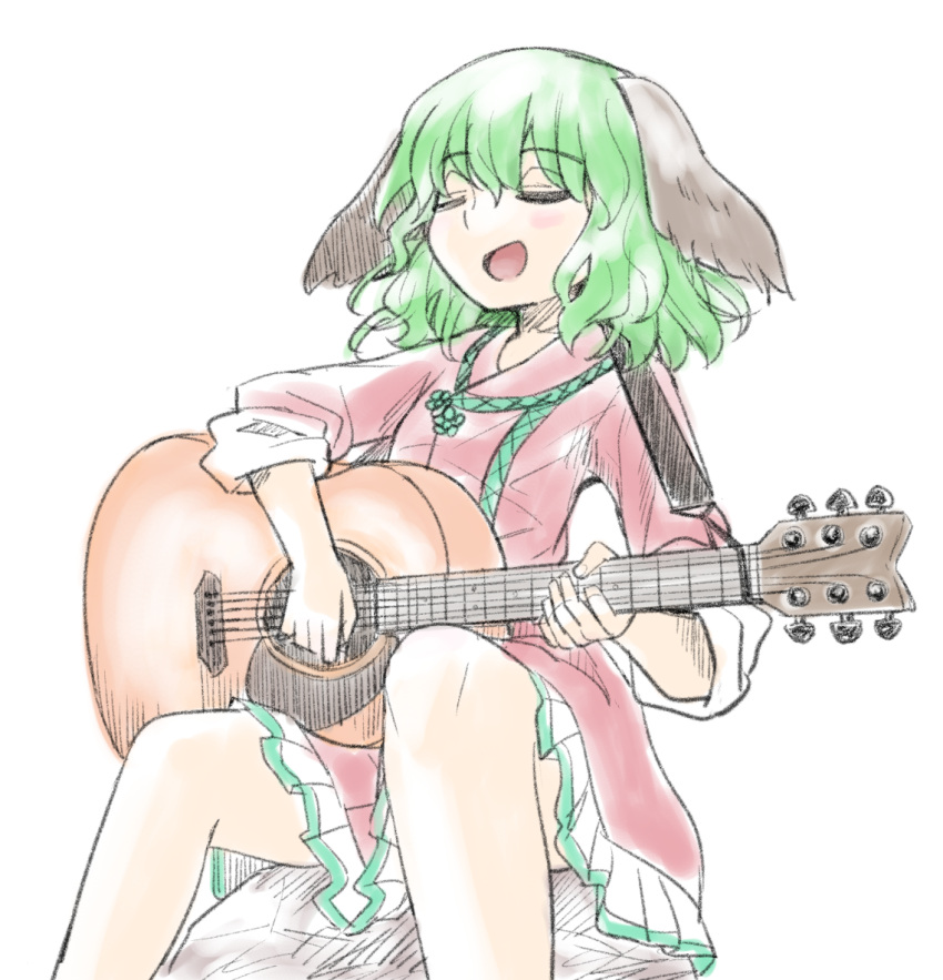 1girl :d animal_ears bangs closed_eyes commentary_request dress eyebrows_visible_through_hair feet_out_of_frame frilled_dress frills green_hair guitar hair_between_eyes holding holding_umbrella instrument kasodani_kyouko long_hair long_sleeves music nibi open_mouth pink_dress playing_instrument simple_background sitting smile solo touhou umbrella white_background