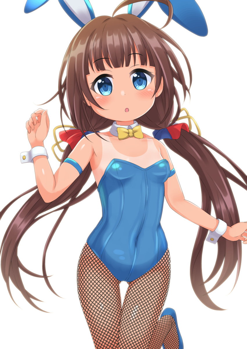 1girl ahoge animal_ears ass_visible_through_thighs blue_eyes blue_leotard bow bowtie breasts brown_hair detached_collar fishnet_legwear fishnets highres hinatsuru_ai leotard long_hair looking_at_viewer low_twintails pantyhose playboy_bunny rabbit_ears ryuuou_no_oshigoto! simple_background small_breasts solo standing tan tanlines twintails uosshi white_background wrist_cuffs yellow_neckwear