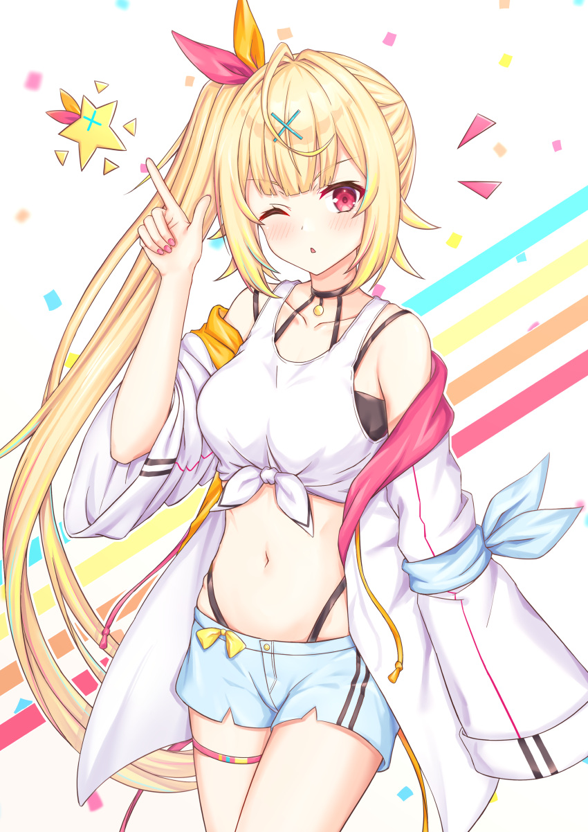 1girl absurdres ahoge bare_shoulders blonde_hair blue_shorts breasts cowboy_shot crop_top front-tie_top hair_ornament hair_ribbon highleg highres hoshikawa_sara index_finger_raised jacket long_hair long_sleeves looking_at_viewer medium_breasts midriff navel nijisanji off_shoulder one_eye_closed open_clothes open_jacket parted_lips red_eyes ribbon shirt short_shorts shorts side_ponytail sleeveless sleeveless_shirt solo stomach tank_top thigh_strap very_long_hair virtual_youtuber white_jacket white_shirt wide_sleeves x_hair_ornament yue_zi