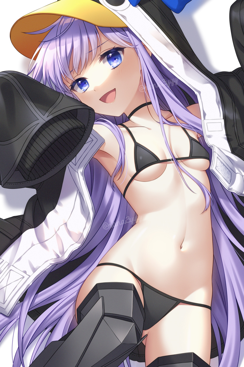 1girl :d absurdres animal_hood armored_boots bare_shoulders black_choker black_jacket blue_eyes boots breasts breasts_apart choker collarbone fate/grand_order fate_(series) highres hood hood_up hooded_jacket jacket long_hair long_sleeves looking_at_viewer lying meltryllis_(fate) meltryllis_(swimsuit_lancer)_(fate) nanamiya navel on_back open_clothes open_jacket open_mouth penguin_hood purple_hair sleeves_past_fingers sleeves_past_wrists small_breasts smile solo stomach straight_hair thigh-highs thigh_boots twitter_username under_boob very_long_hair