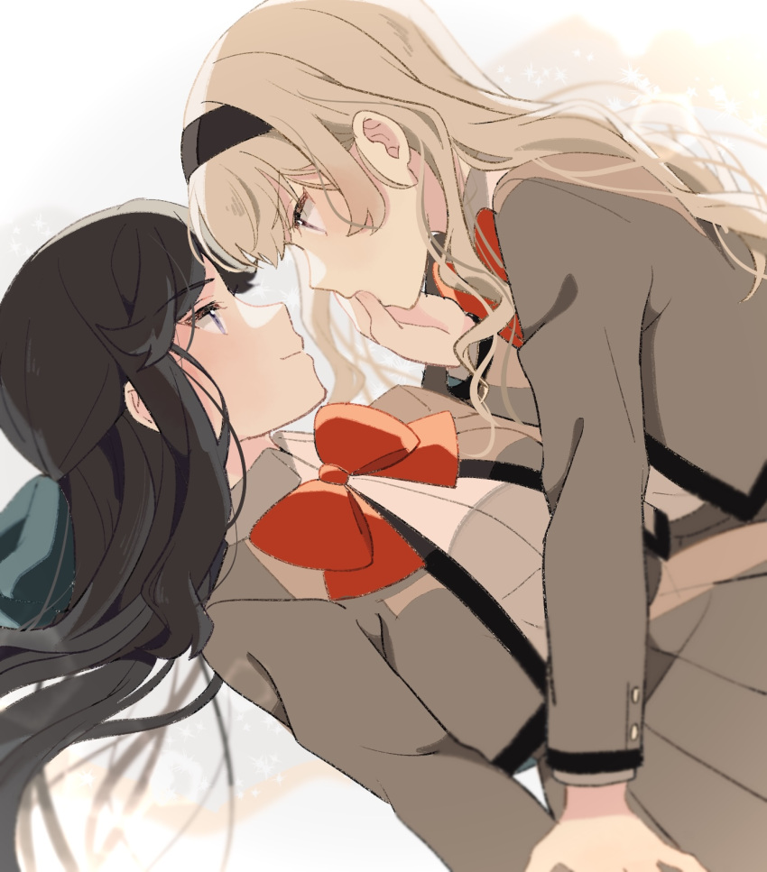 2girls bangs black_hair black_hairband blazer blonde_hair bow bowtie closed_mouth collared_shirt commentary_request dutch_angle eye_contact eyebrows_visible_through_hair from_side green_bow grey_blazer grey_jacket grey_skirt hair_bow hairband hand_on_another's_face highres jacket long_hair long_sleeves looking_at_another multiple_girls nijiko_(c2cs4q) open_clothes open_jacket pleated_skirt profile red_neckwear saijou_claudine school_uniform seishou_music_academy_uniform shirt shoujo_kageki_revue_starlight simple_background skirt smile tendou_maya white_background white_shirt yuri