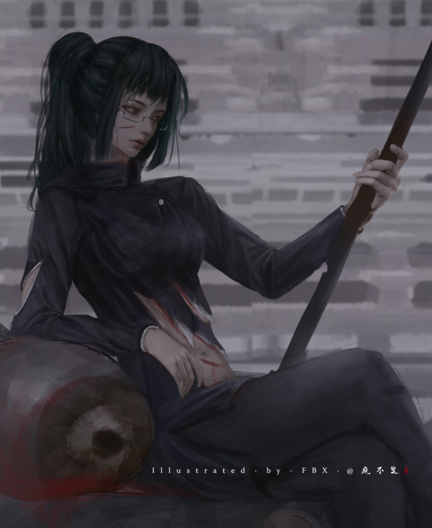 1girl bangs black_hair black_jacket blood closed_mouth fengbuxiao glasses green_hair highres holding jacket jujutsu_kaisen long_sleeves navel polearm ponytail school_uniform shirt spear torn_clothes weapon zen'in_maki
