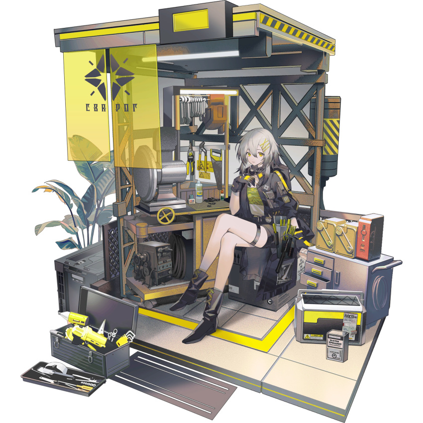1girl ahoge black_hair black_jacket boots box breasts cardboard_box croque_(girls_frontline_nc) crossed_legs food girls_frontline girls_frontline_neural_cloud gloves goggles goggles_around_neck gradient_hair grey_hair hair_ornament hairclip hammer highres hood hood_down hooded_jacket jacket looking_at_viewer medium_hair multicolored_hair official_art on_box open_clothes open_jacket pocky saw sitting sitting_on_box sleeves_rolled_up small_breasts solo tool_belt tool_kit toolbox tools transparent_background yellow_eyes