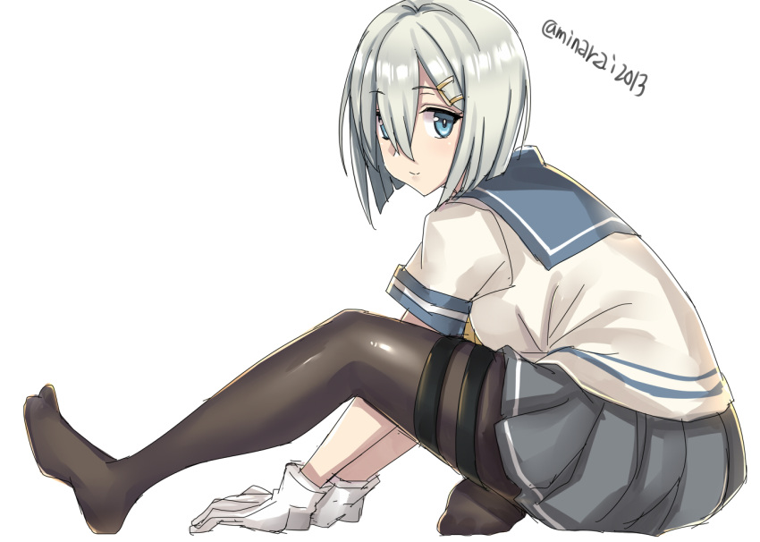 1girl black_legwear blue_eyes dress full_body gloves grey_sailor_collar grey_skirt hair_ornament hair_over_one_eye hairclip hamakaze_(kancolle) kantai_collection minarai one-hour_drawing_challenge pantyhose parted_lips pleated_dress pleated_skirt sailor_collar school_uniform serafuku short_hair short_sleeves silver_hair simple_background skirt solo twitter_username white_background white_gloves