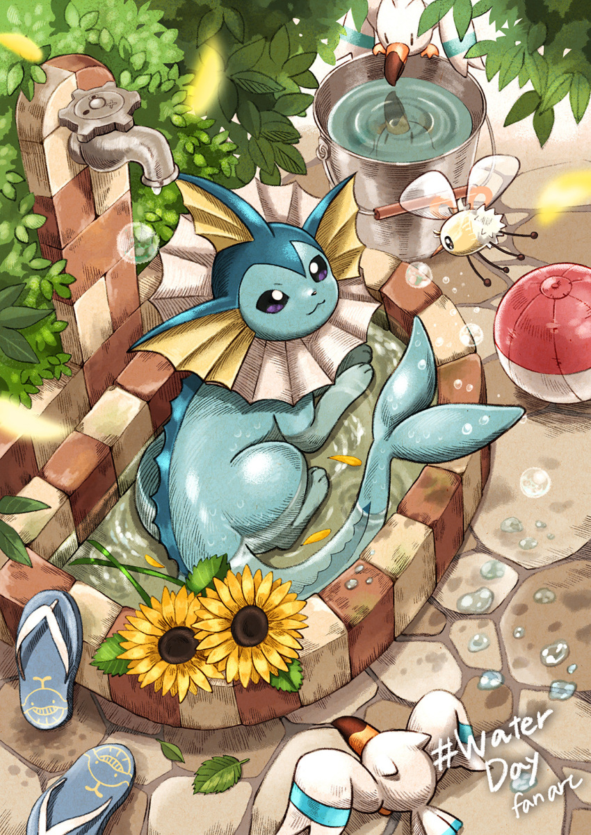 ball bathing beachball blurry bubble bucket closed_mouth commentary_request cutiefly day faucet flower footwear_removed gen_1_pokemon gen_3_pokemon gen_7_pokemon highres looking_up matsuri_(matsuike) no_humans outdoors partially_submerged paws petals pokemon pokemon_(creature) ripples smile sunflower toes vaporeon violet_eyes water wingull