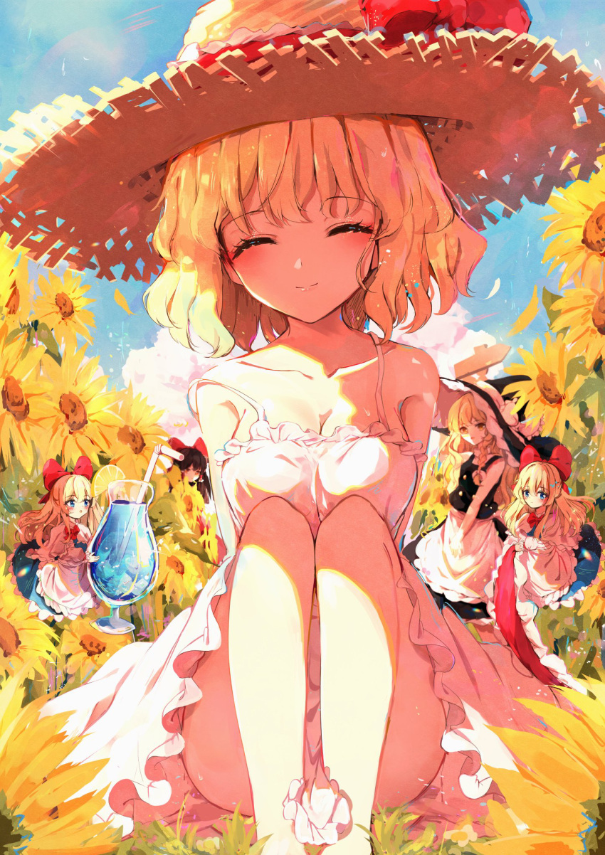 3girls alice_margatroid apron arms_up bangs bare_shoulders barefoot black_dress black_headwear blonde_hair blue_dress blue_sky blush bow braid breasts brown_hair buttons cape closed_eyes closed_mouth clouds cloudy_sky doll dress eyebrows_visible_through_hair flower flying frills grass hair_between_eyes hair_tubes hakurei_reimu hands_up hat hat_bow highres hunya kirisame_marisa light long_hair long_sleeves looking_at_viewer medium_breasts multiple_girls open_mouth red_bow red_dress red_eyes red_neckwear shadow shanghai_doll short_hair single_braid sitting sky sleeveless smile standing sunflower touhou white_apron white_bow white_cape white_dress white_sleeves witch_hat yellow_eyes yellow_flower yellow_headwear