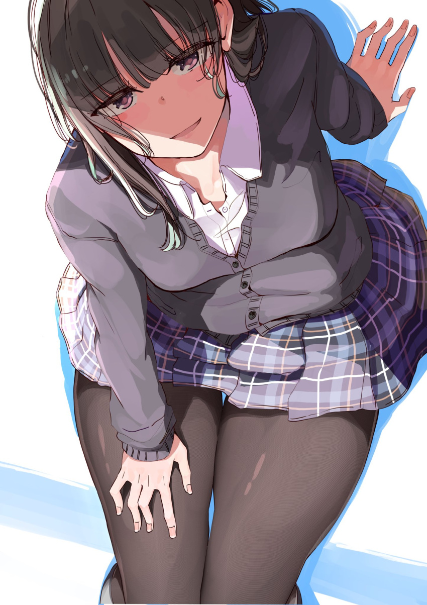 1girl arm_support bangs black_cardigan black_hair black_legwear black_skirt blunt_bangs cardigan collared_shirt commentary_request eyebrows_visible_through_hair hand_on_own_thigh highres looking_at_viewer nyoijizai open_mouth original pantyhose plaid plaid_skirt pleated_skirt school_uniform shirt sidelocks simple_background sitting skirt smile solo uniform violet_eyes white_shirt