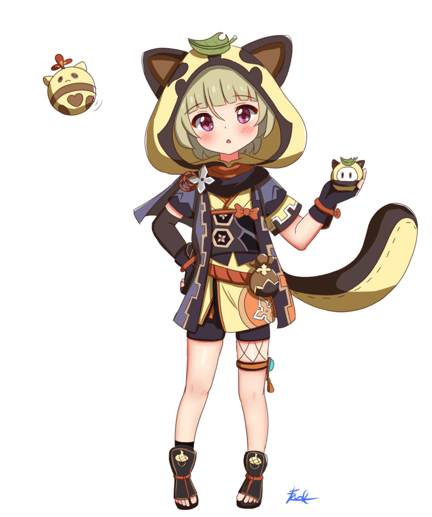 1girl animal_ears animal_hood bangs belt belt_pouch blunt_bangs commentary english_commentary eyebrows_visible_through_hair fake_animal_ears fake_tail firli_(ard) full_body genshin_impact green_hair hair_between_eyes highres holding hood japanese_clothes jumpy_dumpty leaf leaf_on_head pouch raccoon_ears raccoon_tail sayu_(genshin_impact) short_hair short_sleeves sidelocks simple_background solo standing tail violet_eyes