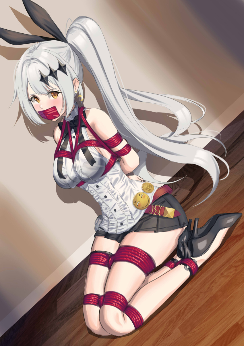 1girl absurdres arms_behind_back bdsm black_footwear black_skirt blouse bondage bound bound_arms bound_legs breasts brown_eyes cailin020 crescent crescent_earrings earrings five-seven_(girls_frontline) gag gagged girls_frontline high_heels high_ponytail highres improvised_gag jewelry long_hair medium_breasts miniskirt pleated_skirt ponytail red_rope rope shibari shibari_over_clothes silver_hair skirt sleeveless_blouse solo tape tape_gag white_blouse