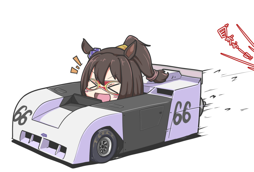 1girl animal_ears brown_hair car chaparral_2j chaparral_cars domino_mask ear_ornament el_condor_pasa_(umamusume) ground_vehicle high_ponytail highres horse_ears horse_girl mask motor_vehicle racecar sakusan solo translated umamusume