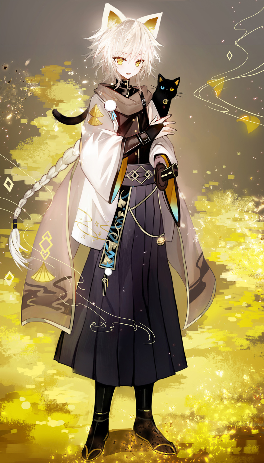 1boy absurdres animal_ears animal_on_shoulder bangs black_cat black_gloves black_hakama blue_eyes braid cat cat_on_shoulder commentary dot_nose eyebrows_visible_through_hair full_body gloves gold_trim grey_sky hakama hand_up haori heterochromia highres japanese_clothes juexing_(moemoe3345) long_hair looking_at_viewer male_focus open_mouth original outdoors sidelocks smoke_trail solo sword tagme very_long_hair weapon white_hair yellow_eyes