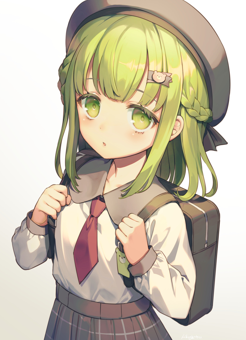 1girl backpack bag bangs bear_hair_ornament beret black_skirt braid collared_shirt commentary_request eyebrows_visible_through_hair gradient gradient_background green_eyes green_hair grey_background grey_headwear hair_ornament hairclip hands_up hat highres holding_strap kikugetsu long_hair long_sleeves looking_at_viewer morinaka_kazaki necktie nijisanji parted_lips pleated_skirt red_neckwear shirt short_necktie skirt solo virtual_youtuber white_background white_shirt