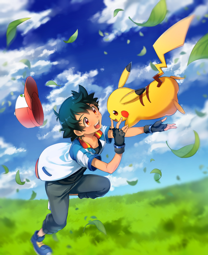 1boy :d absurdres ameiro_pk ash_ketchum bangs baseball_cap black_gloves blue_footwear blurry blush clouds commentary day fingerless_gloves gen_1_pokemon gloves grass hat hat_removed headwear_removed highres jacket leaves_in_wind leg_up male_focus open_clothes open_jacket open_mouth outdoors pants pikachu pokemon pokemon_(anime) pokemon_(creature) pokemon_m21 shoes short_sleeves sky smile tongue upper_teeth