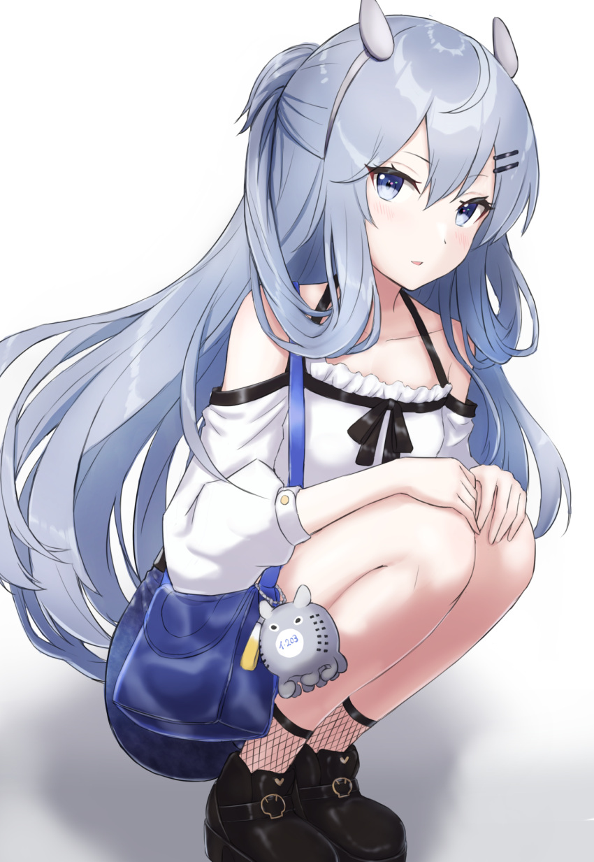 1girl bag black_footwear blue_eyes blue_skirt blush collarbone denim denim_skirt hair_between_eyes highres i-203_(kancolle) kantai_collection long_hair long_sleeves monoku official_alternate_costume parted_lips shoes shoulder_bag silver_hair skirt solo