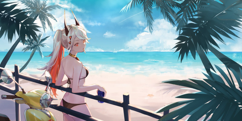 1girl beach bikini black_bikini boat breasts colored_inner_hair english_commentary from_behind ground_vehicle highres in_mouth looking_at_viewer looking_back mahou_arms moped motor_vehicle multicolored_hair ocean orange_eyes orange_hair popsicle_stick sideboob silver_hair small_breasts solo starfish swimsuit tree watercraft xerxes_(mahou_arms) xiaociiao