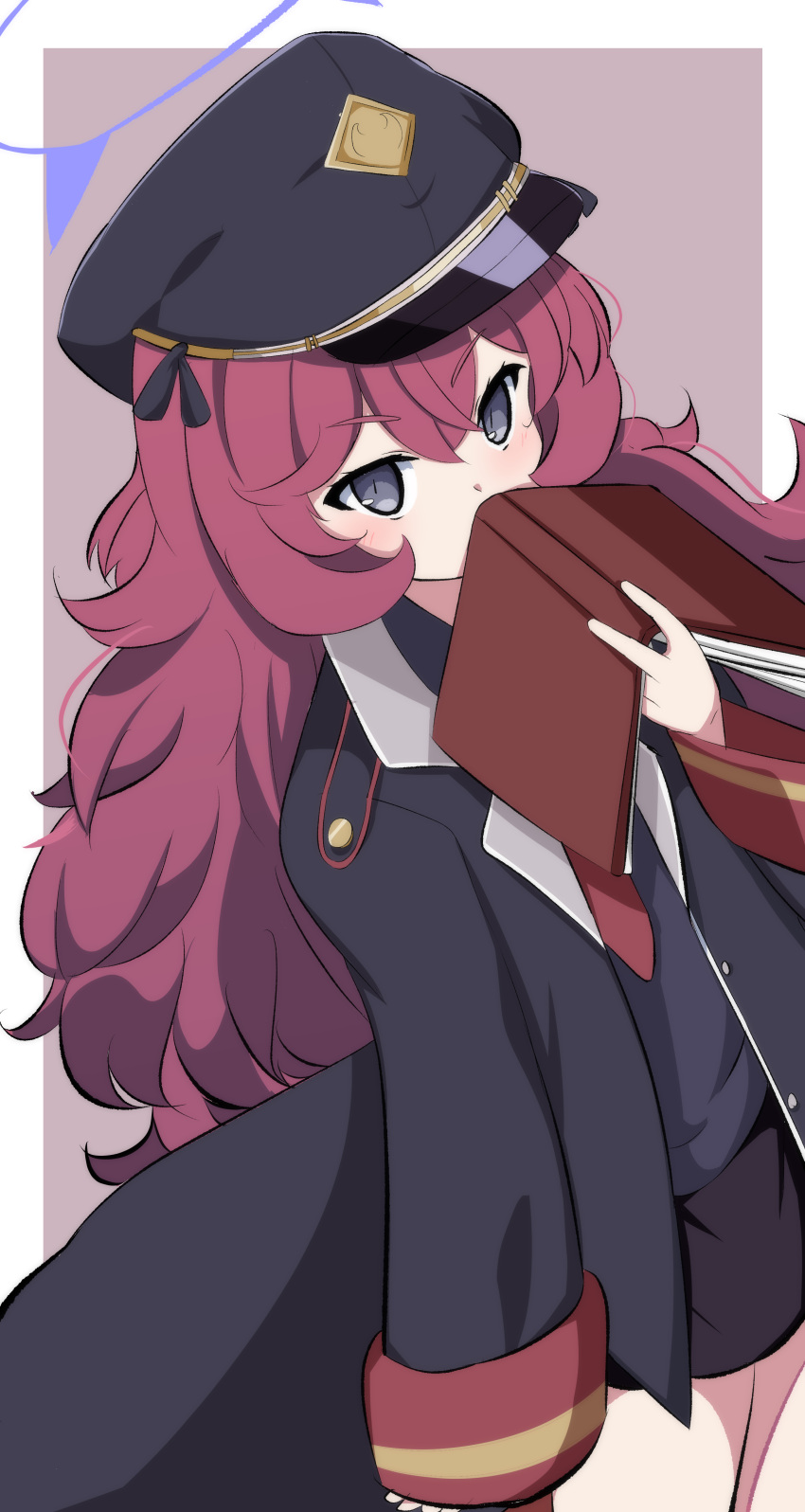 1girl absurdres blue_archive blush book book_to_mouth commentary_request grey_eyes hair_between_eyes halo hat highres jacket long_hair looking_at_viewer military military_hat military_uniform redhead simple_background solo uniform zuyosh