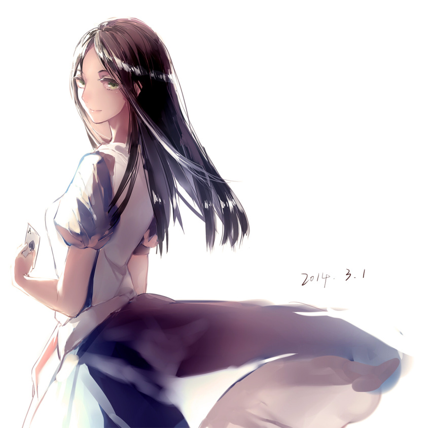 1girl alice:_madness_returns alice_(alice_in_wonderland) american_mcgee's_alice black_hair card closed_mouth dress green_eyes highres holding hug_(yourhug) long_hair looking_at_viewer puffy_sleeves short_sleeves simple_background smile solo white_background