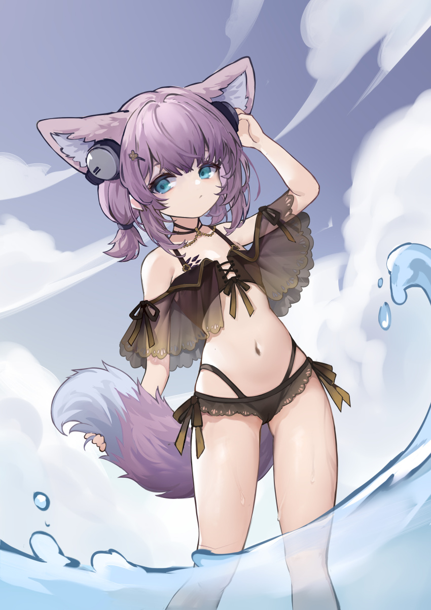 1girl absurdres animal_ear_fluff animal_ears arknights bare_shoulders bikini black_bikini blue_eyes blue_sky closed_mouth clouds commentary_request day dutch_angle fox_ears fox_girl fox_tail headphones highleg highleg_bikini highres layered_bikini looking_at_viewer low_twintails navel outdoors purple_hair see-through shio_(7203802) short_twintails sky solo standing sussurro_(arknights) swimsuit tail twintails water waves