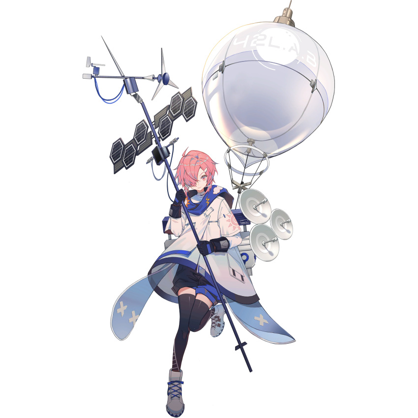 1girl balloon black_legwear blue_scarf blue_shorts cloud_print coat full_body girls_frontline girls_frontline_neural_cloud gloves hair_over_one_eye highres hood hood_down lightning_bolt_print long_sleeves looking_at_viewer mai_(girls_frontline_nc) official_art pink_eyes pink_hair satellite_dish scarf shoes short_hair shorts sneakers solar_panel solo sun_print symbol-shaped_pupils thigh-highs transparent_background weather_vane white_coat white_footwear