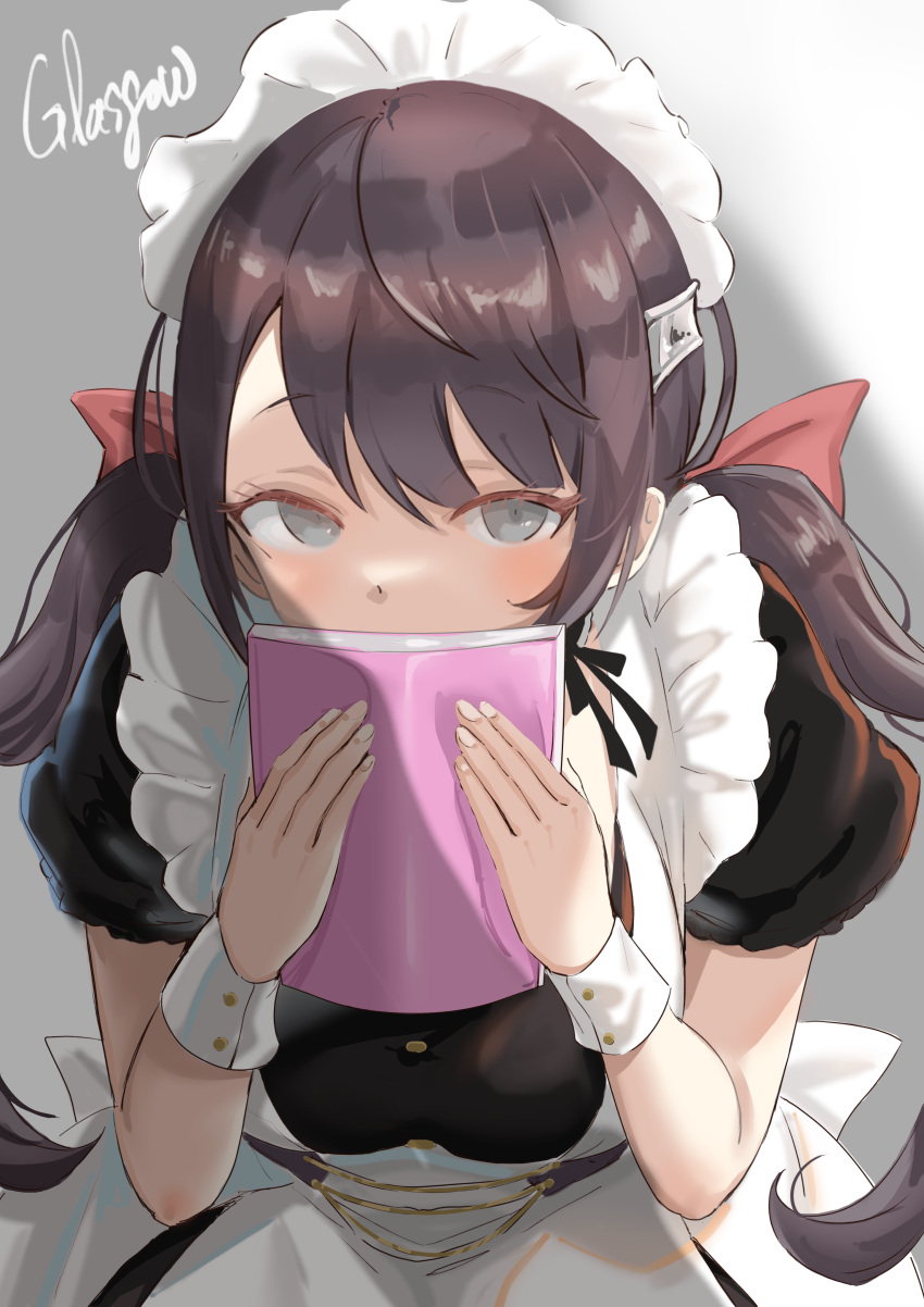 1girl absurdres apron azur_lane breasts brown_dress brown_hair character_name covered_mouth dress glasgow_(azur_lane) grey_background grey_eyes highres holding holding_notebook looking_at_viewer maid_apron maid_headdress medium_breasts notebook puffy_short_sleeves puffy_sleeves sankyo_(821-scoville) short_sleeves solo twintails upper_body white_apron wrist_cuffs