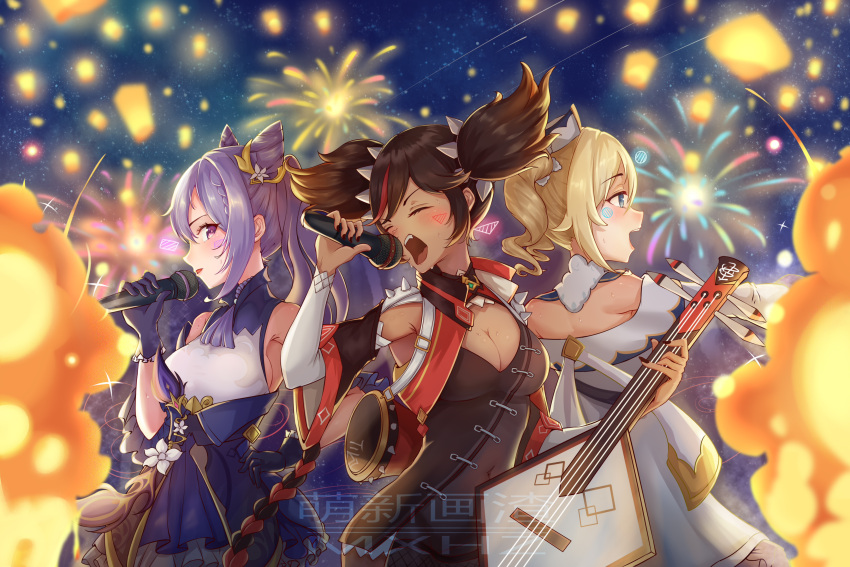 3girls :o absurdres armpits bangs barbara_(genshin_impact) black_gloves black_hair blue_eyes blurry choker commentary_request concert depth_of_field detached_sleeves double_bun drill_hair eyebrows_visible_through_hair fireworks from_side genshin_impact gloves guitar hair_between_eyes hair_ornament hat highres holding holding_instrument holding_microphone instrument keqing_(genshin_impact) light_brown_hair long_hair looking_at_viewer looking_to_the_side microphone moe_shin_image_residue multicolored_hair multiple_girls music night night_sky nun purple_hair sidelocks singing sky star_(sky) starry_sky streaked_hair twin_drills twintails two-tone_hair violet_eyes wide_sleeves xinyan_(genshin_impact)