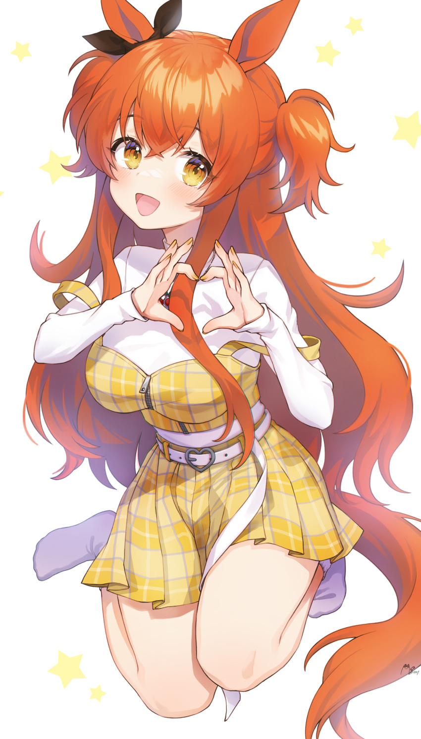 1girl :d absurdres animal_ears belt black_ribbon breasts ear_ribbon full_body heart heart_hands highres horse_ears horse_girl horse_tail legs long_hair looking_at_viewer mayano_top_gun_(umamusume) medium_breasts nail_polish noixen open_mouth orange_hair plaid plaid_skirt ribbon simple_background skirt smile solo starry_background tail twintails two_side_up umamusume white_background white_belt yellow_eyes yellow_nails yellow_skirt