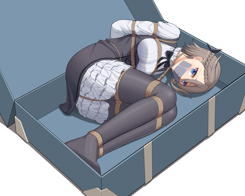 1girl absurdres ange_(princess_principal) bdsm blue_eyes blush bondage bound braid breasts crown_braid gag gagged grey_hair highres improvised_gag medium_breasts pantyhose princess_principal restrained solo suitcase tagme tape tape_gag tied_up wo_cao_xiao