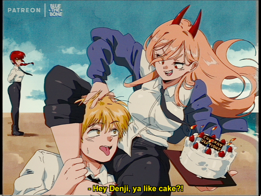 1990s_(style) 1boy 2girls black_neckwear black_pants blonde_hair blue_sky bluethebone braid breasts cake chainsaw_man clouds day denji_(chainsaw_man) english_text eyes_visible_through_hair food hand_on_another's_head horns large_breasts long_hair long_sleeves looking_at_another looking_at_viewer makima_(chainsaw_man) multiple_girls necktie open_mouth orange_hair outdoors pants patreon_username power_(chainsaw_man) red_eyes redhead retro_artstyle shirt short_hair single_braid sky smile standing subtitled tongue tongue_out white_shirt