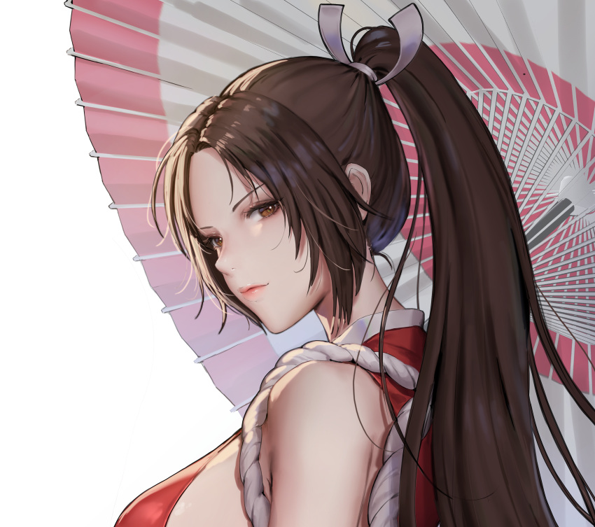 1girl absurdres bangs bare_shoulders breasts brown_eyes brown_hair closed_mouth commentary fatal_fury hair_ornament highres jademoon light_smile lips long_hair looking_at_viewer medium_breasts oil-paper_umbrella parted_bangs ponytail rope shiny shiny_hair shiny_skin shiranui_mai simple_background sleeveless smile solo the_king_of_fighters tied_hair umbrella upper_body white_background