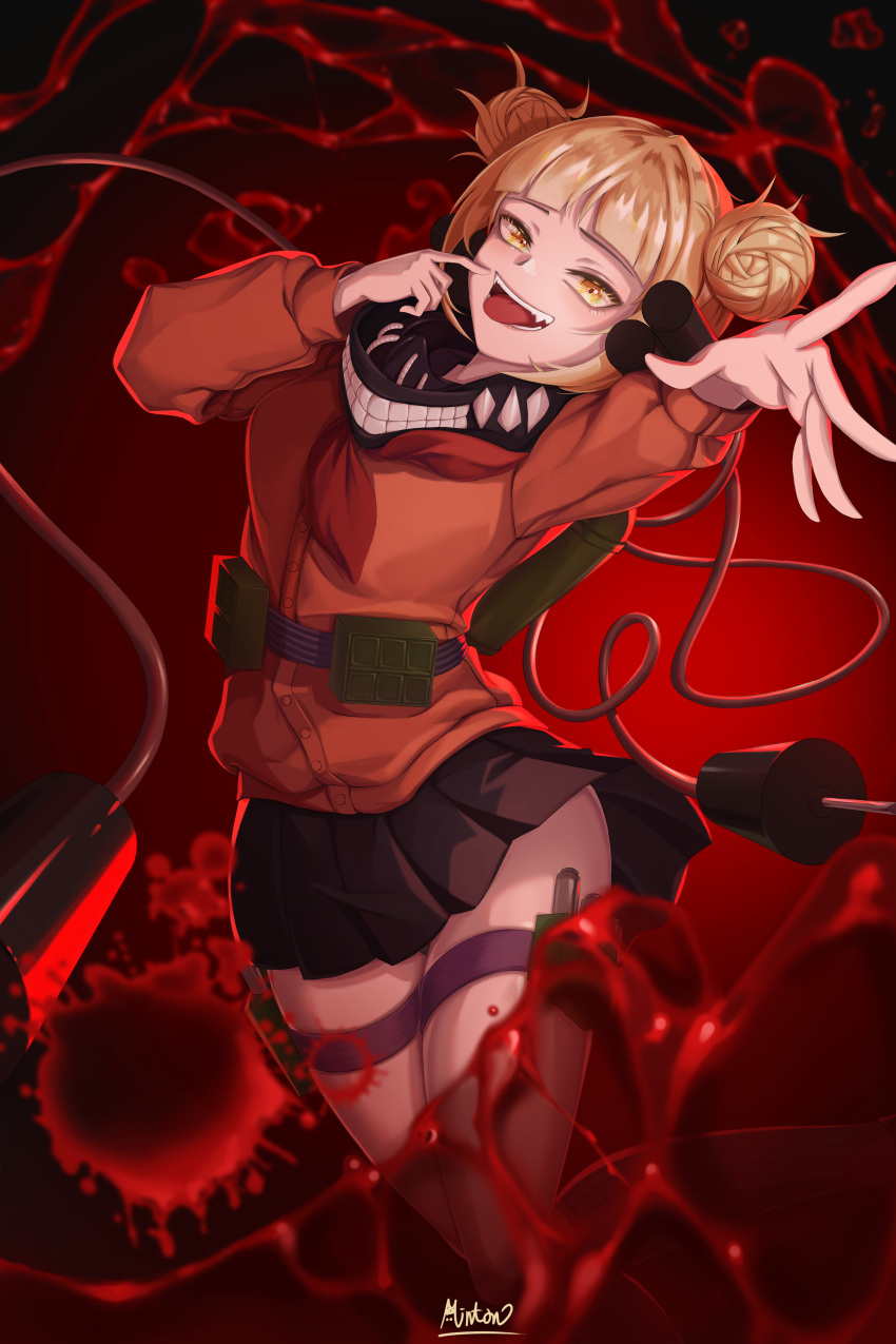 1girl :d absurdres bangs black_legwear black_skirt blonde_hair blood blunt_bangs boku_no_hero_academia brown_cardigan cardigan cello0702 commentary_request double_bun fang highres huge_filesize kneehighs long_sleeves looking_at_viewer miniskirt open_mouth outstretched_hand pleated_skirt short_hair signature skirt smile solo thigh_strap tied_hair toga_himiko tongue tongue_out yellow_eyes