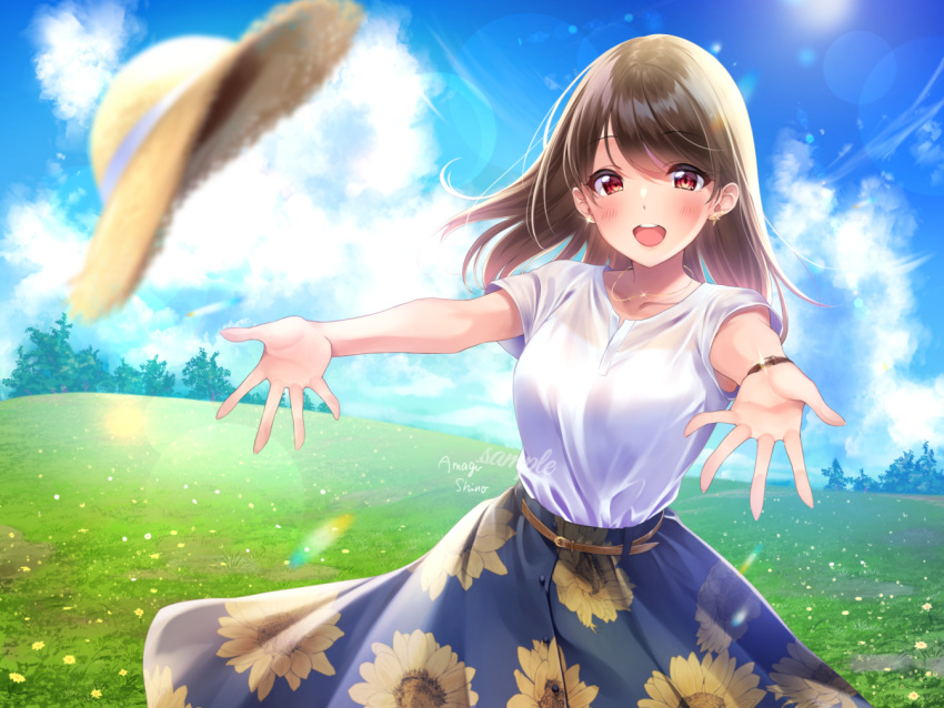 1girl :d amagi_shino bangs belt blue_skirt blue_sky blurry bracelet brown_hair collarbone commentary_request day depth_of_field eyebrows_visible_through_hair field floral_print foreshortening grass hat jewelry lens_flare long_hair looking_at_viewer necklace open_mouth original outdoors outstretched_arms print_skirt red_eyes shirt short_sleeves signature skirt sky smile solo straw_hat sunflower_print tree upper_teeth white_shirt