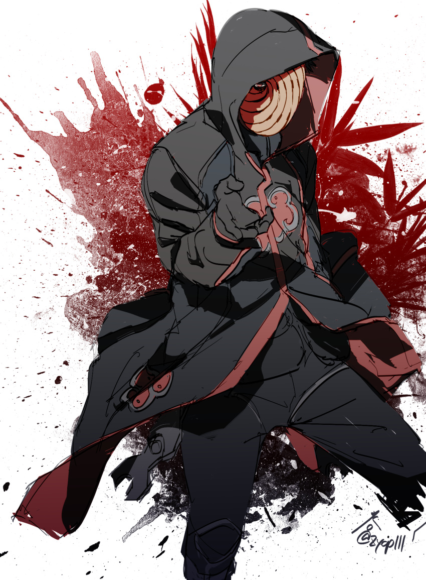 1boy akatsuki_(naruto) akatsuki_uniform black_coat black_gloves black_hair black_pants coat gloves hand_up highres hood hood_up male_focus mask naruto_(series) pants sharingan solo tobi_(naruto) zifletts