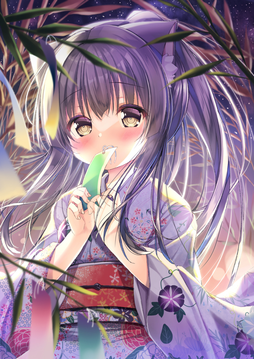 1girl absurdres animal_ear_fluff animal_ears bangs blurry blurry_foreground blush brown_eyes cat_ears commentary_request covered_mouth depth_of_field eyebrows_visible_through_hair floral_print hair_between_eyes hands_up high_ponytail highres holding japanese_clothes kimono long_hair long_sleeves looking_at_viewer neko_pan obi original ponytail print_kimono purple_hair purple_kimono sash solo tanzaku upper_body very_long_hair wide_sleeves