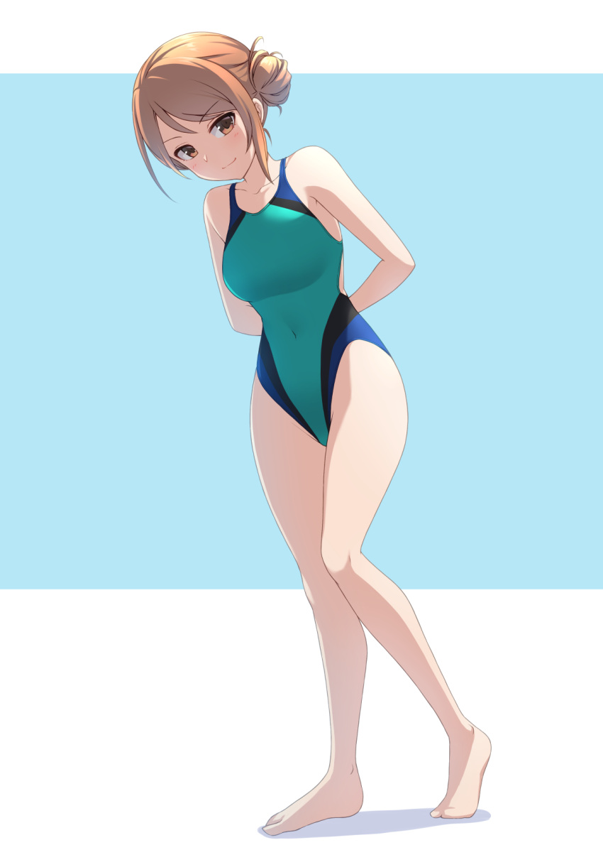 1girl aqua_swimsuit arms_behind_back breasts brown_eyes brown_hair commentary_request competition_swimsuit full_body hair_bun highres houjou_karen idolmaster idolmaster_cinderella_girls leaning_forward medium_breasts one-piece_swimsuit pataneet side_bun solo swimsuit two-tone_swimsuit