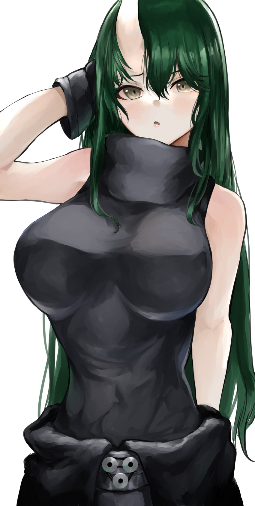 1girl absurdres arknights black_shirt breasts eyebrows_visible_through_hair green_hair hand_up highres horns hoshiguma_(arknights) kajuu large_breasts long_hair looking_at_viewer oni_horns open_mouth shirt simple_background single_horn sleeveless sleeveless_shirt