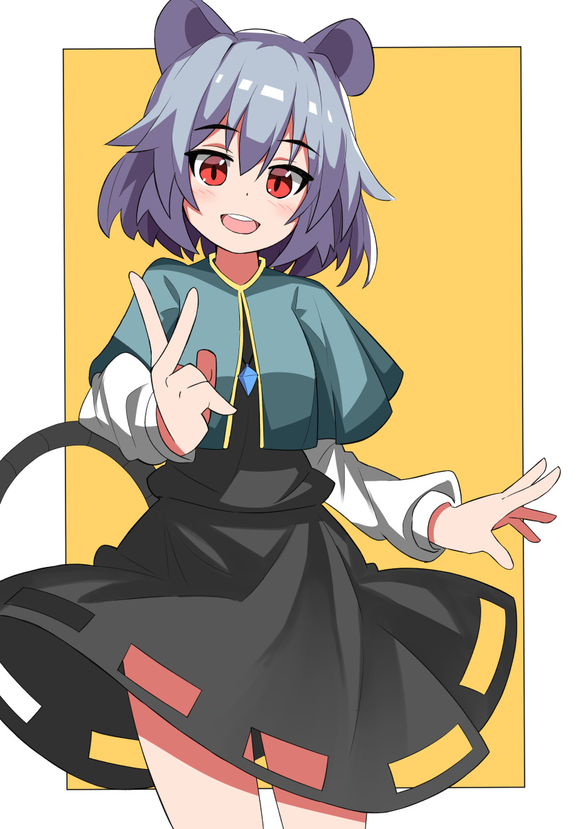 1girl :d absurdres animal_ears bangs blue_capelet border capelet cowboy_shot dress eyebrows_visible_through_hair grey_dress grey_hair highres jewelry long_sleeves looking_at_viewer mouse_ears mouse_tail nazrin open_mouth pendant rafa_(rafua_kz) red_eyes short_hair simple_background smile solo standing tail touhou v white_border yellow_background