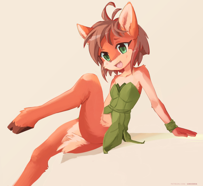 1girl absurdres ancesra animal_ears animal_nose antenna_hair arm_support artist_name bangs bare_shoulders barefoot beige_background blush body_fur brown_hair collarbone commentary deer_ears deer_girl deer_tail dress elora_(spyro) english_commentary flat_chest furry green_dress green_eyes happy highres hooves leaf_clothing leaning_back leg_up light_blush looking_at_viewer no_panties open_mouth patreon_username red_fur shiny shiny_hair short_dress short_hair sidelocks simple_background sitting smile solo spyro_(series) strapless strapless_dress tail tongue two-tone_fur watermark web_address white_fur wristband