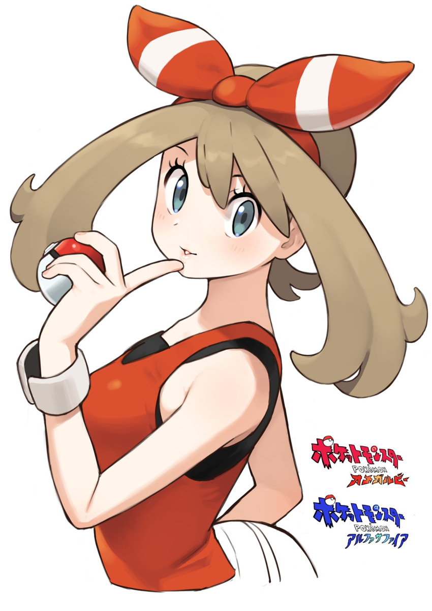 1girl bangs black_undershirt blue_eyes blush bow brown_hair copyright_name cropped_torso hair_bow hand_up highres holding holding_poke_ball index_finger_raised long_hair looking_at_viewer may_(pokemon) omaru_gyuunyuu parted_lips poke_ball poke_ball_(basic) pokemon pokemon_(game) pokemon_oras red_bow red_tank_top simple_background solo striped striped_bow tank_top undershirt upper_body white_background wristband
