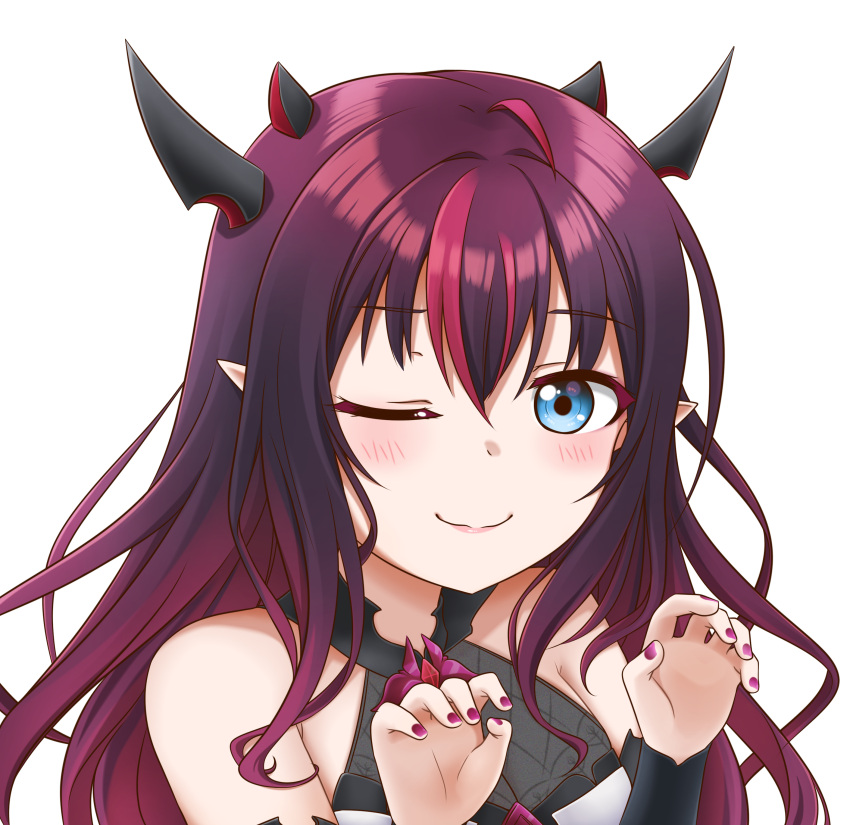 1girl ;) absurdres bangs bare_shoulders blue_eyes blush claw_pose closed_mouth fangs fingernails hair_between_eyes heterochromia highres hololive hololive_english horns irys_(hololive) jan_azure looking_at_viewer multicolored_hair multiple_horns nail_polish one_eye_closed red_eyes red_nails sleeveless smile solo violet_eyes virtual_youtuber